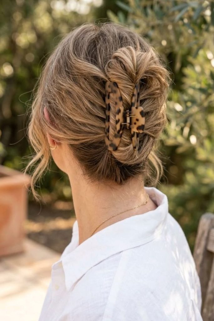 Claw clip French twist hairstyle.