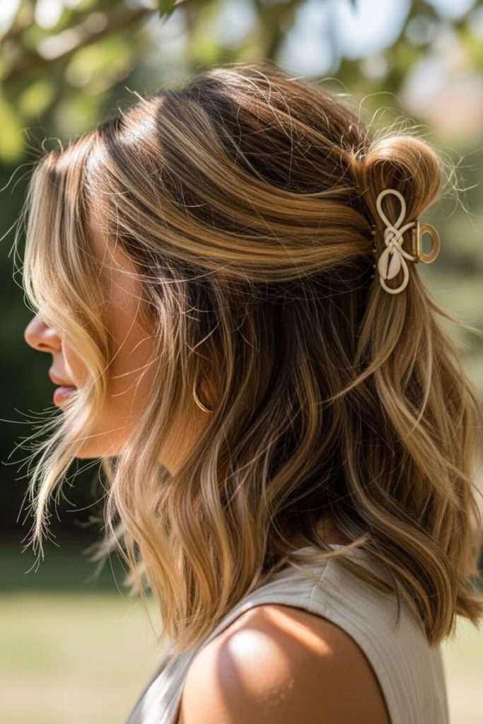 Wavy hair with statement clips.