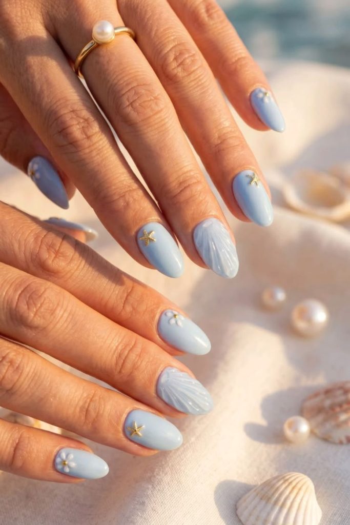 Coastal seashell beige summer manicure.