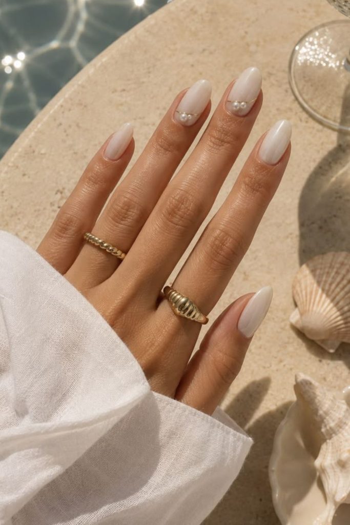 Coconut cream minimalist glossy nail design.