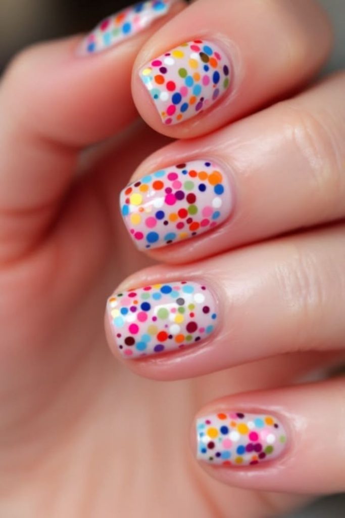 Colorful confetti speckled white nail design.