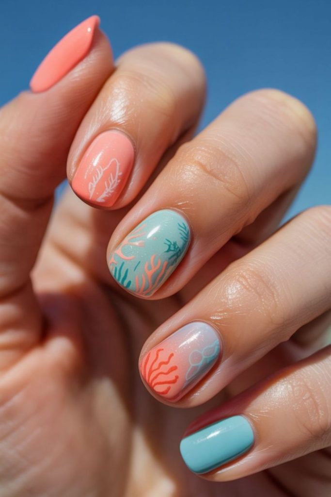Coral reef marble nail art design.