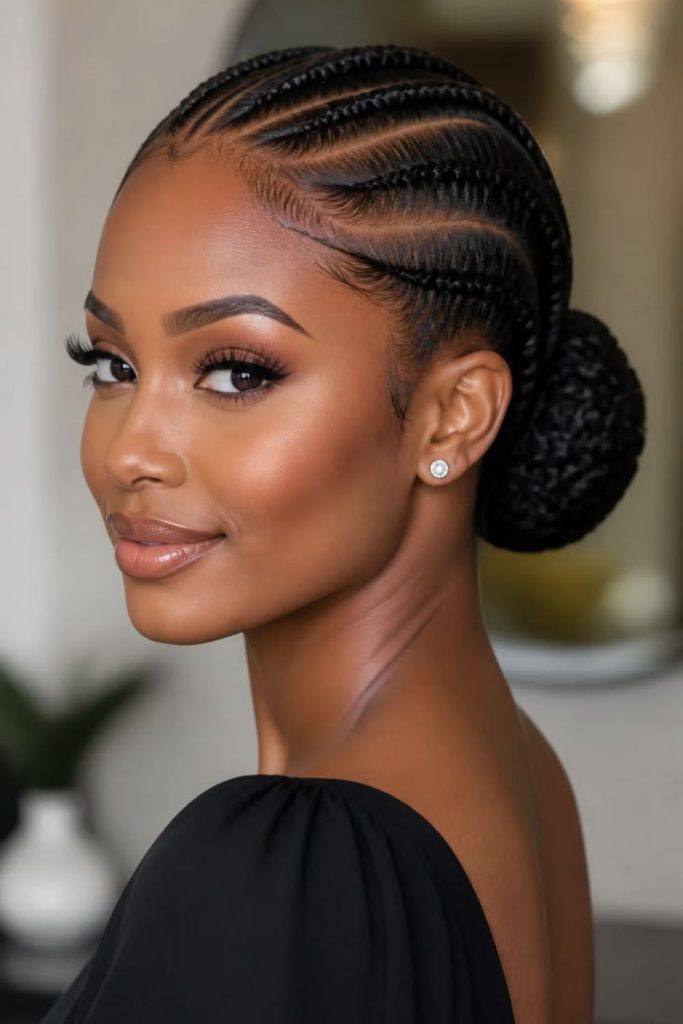 Low bun braided cornrow hairstyle.