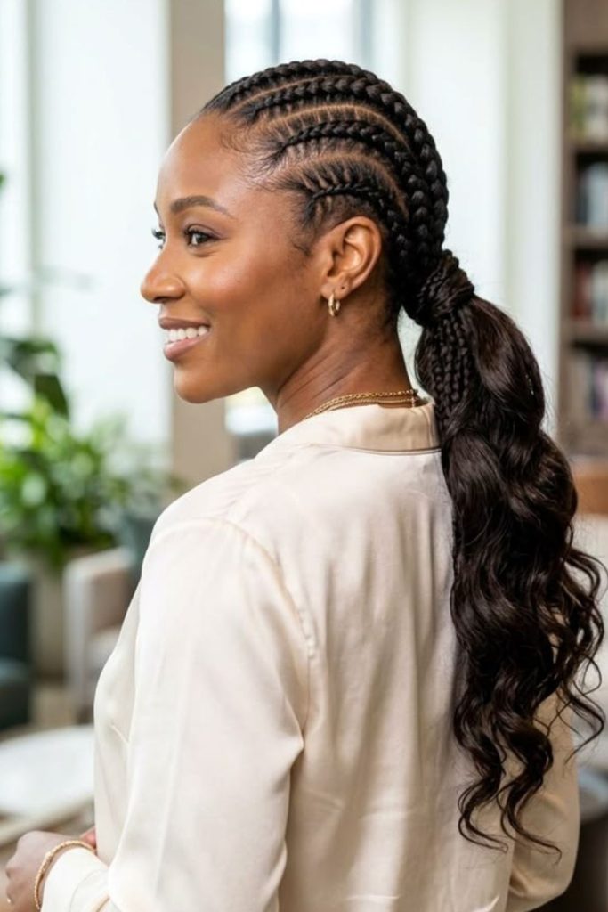 Low ponytail natural cornrow braid hairstyle.