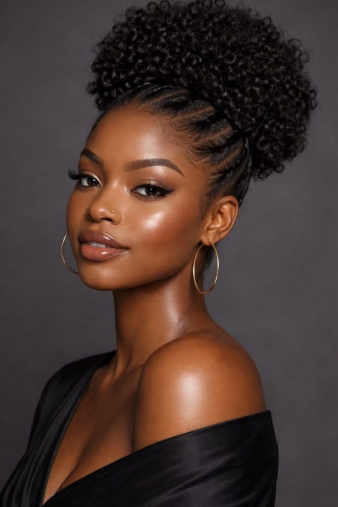 Cornrows gathered into natural puff.