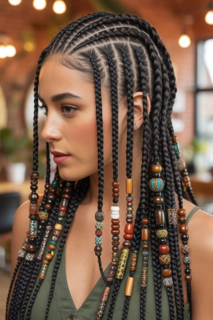 Natural cornrows with colorful beaded ends.