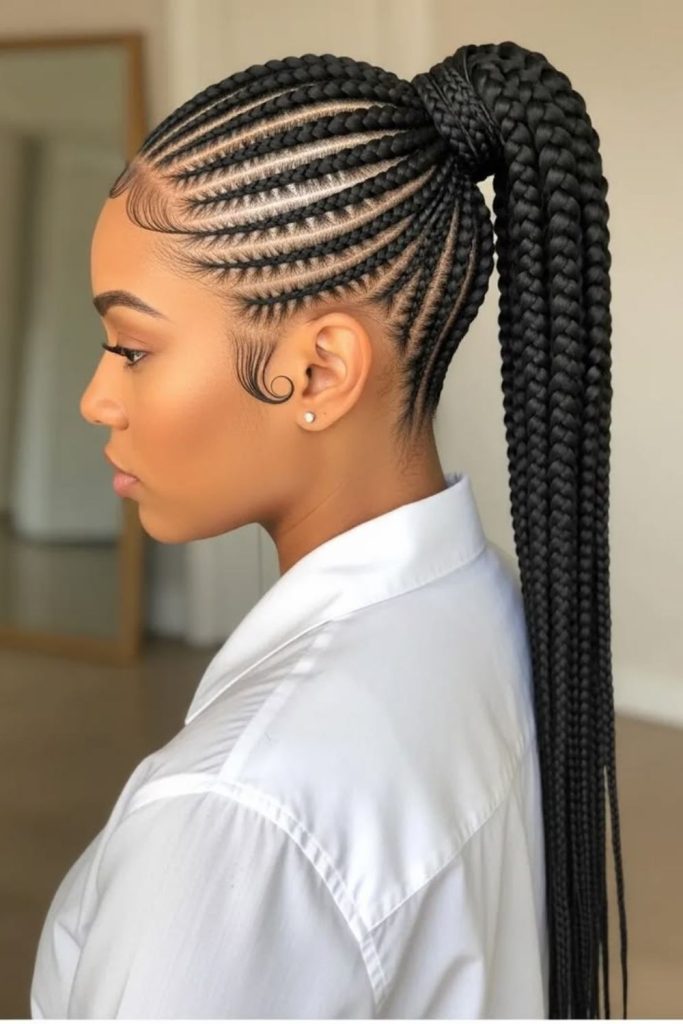 Braided ponytail with natural cornrows hairstyle.
