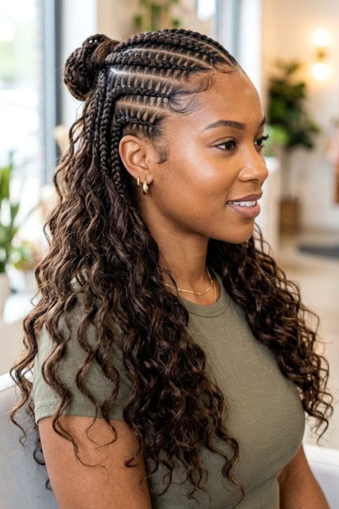 Cornrows with soft curly ends.