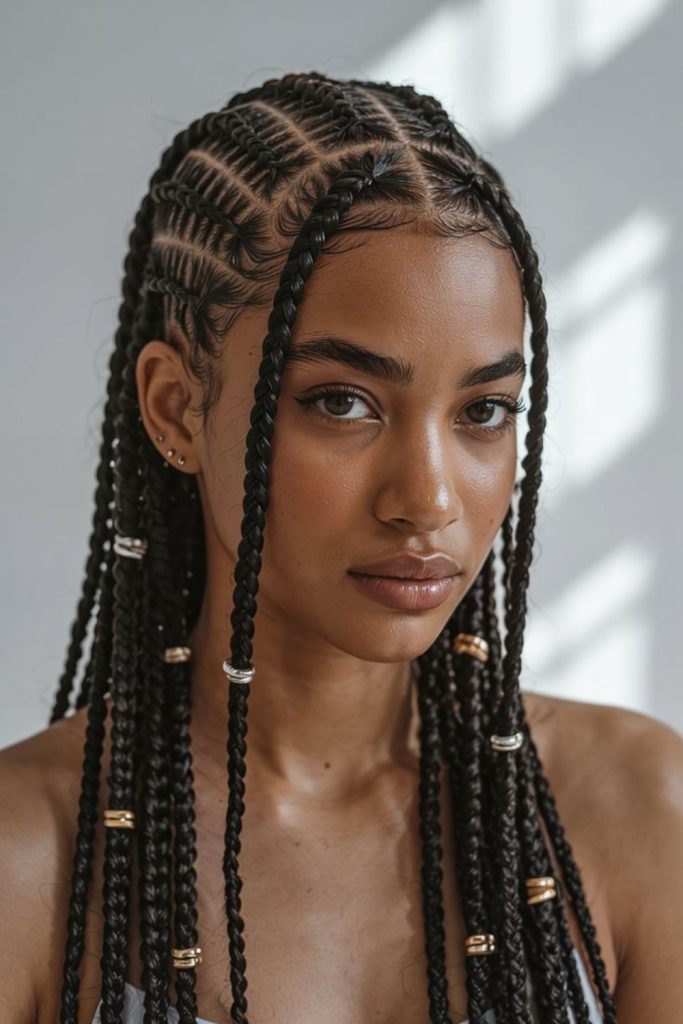 Natural cornrows with gold braid cuffs.