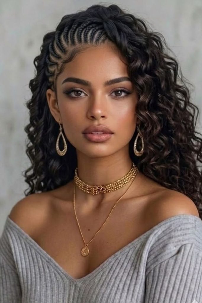 Natural cornrows with loose side curls.