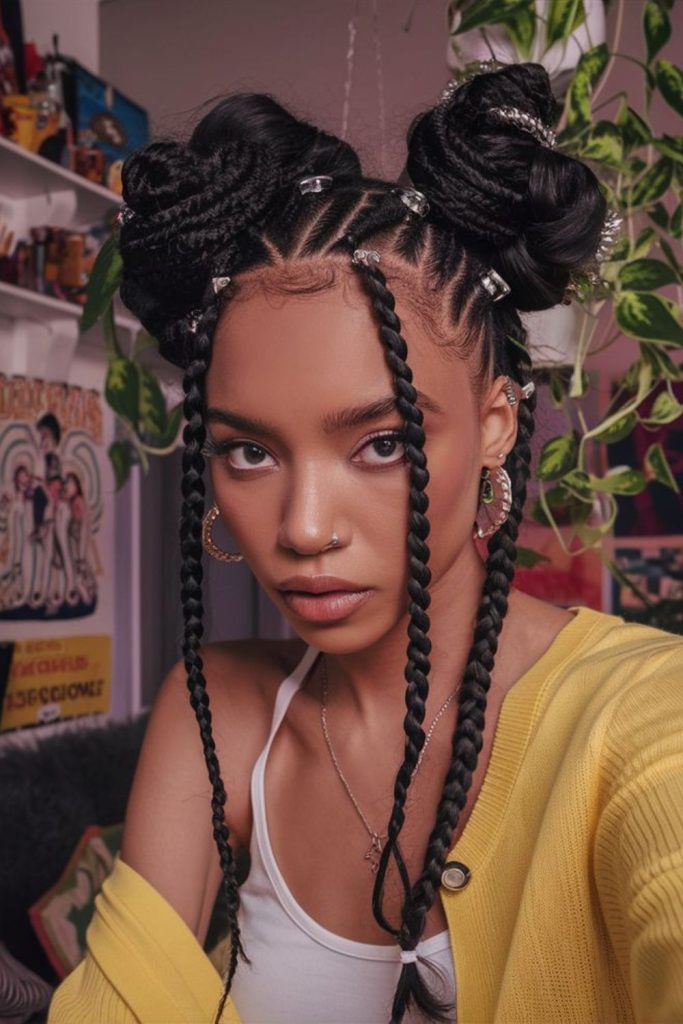 Cornrows styled with space buns.