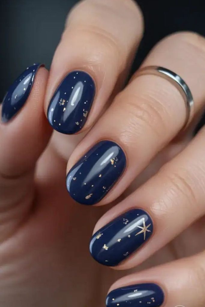 Celestial navy nails with stars.
