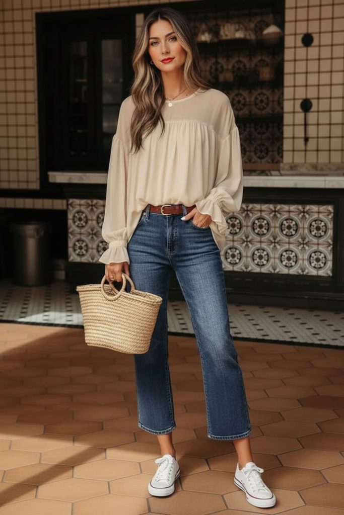 Relaxed fit jeans cream blouse style