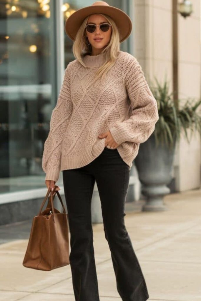 Bootcut jeans cable knit cardigan style