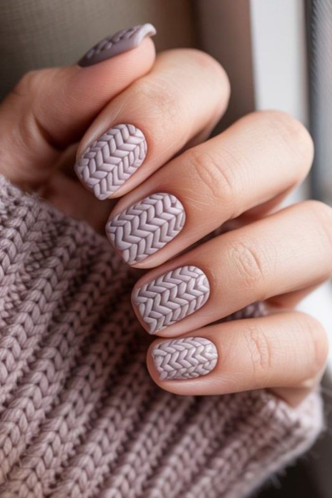 Cozy sweater texture neutral nail design.