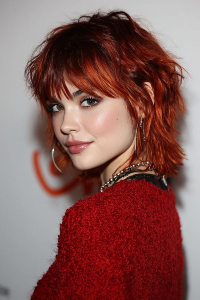 Crimson layered shag with fiery tones.