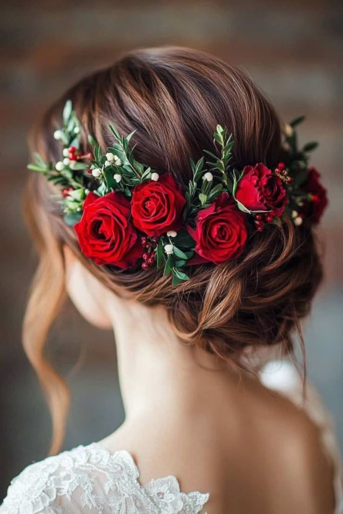 Crimson petal chignon hairstyle.