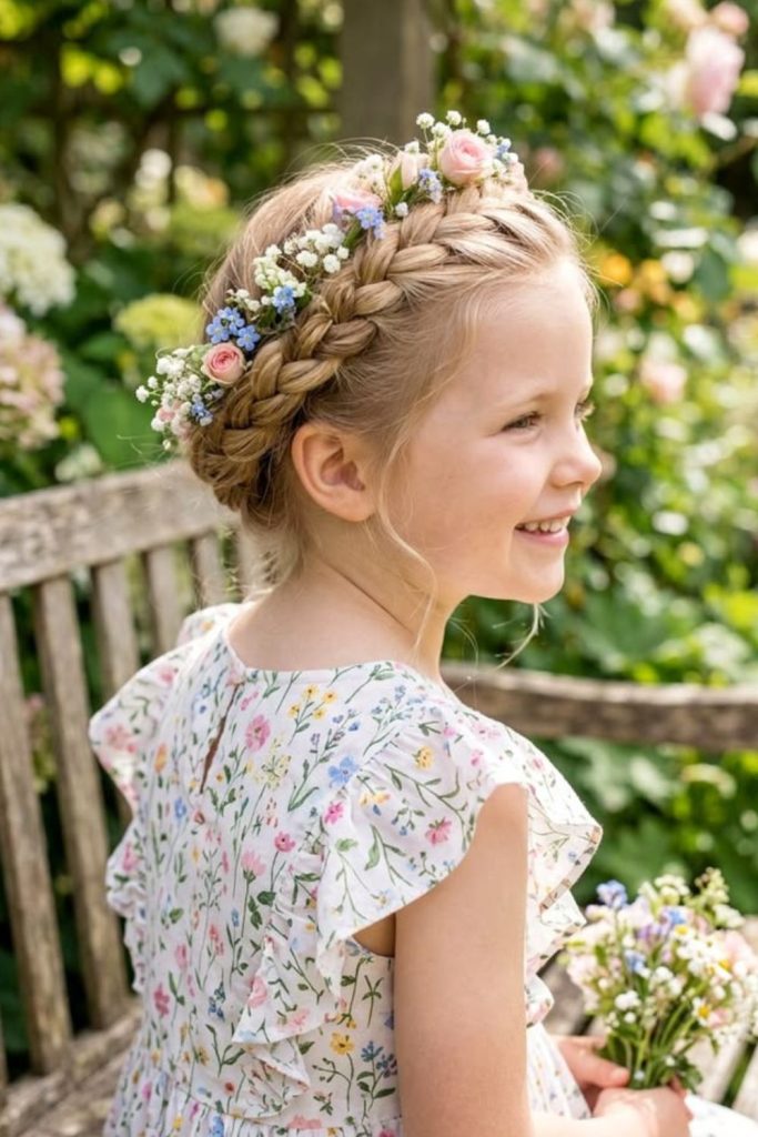 Crown braid with floral hairpins.