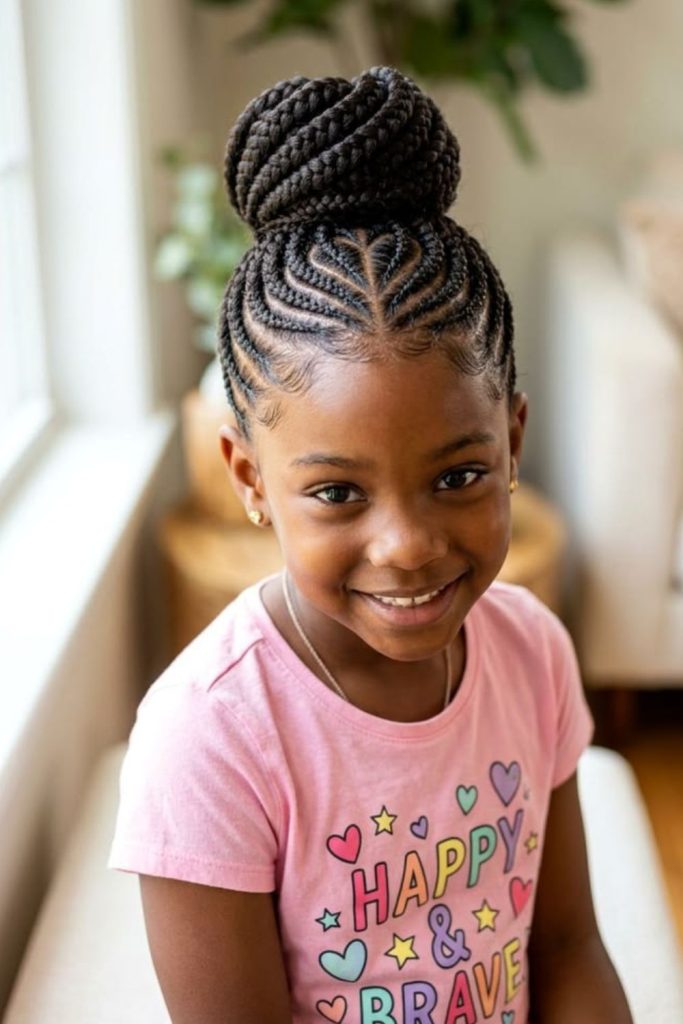 Braided crown with fluffy afro.