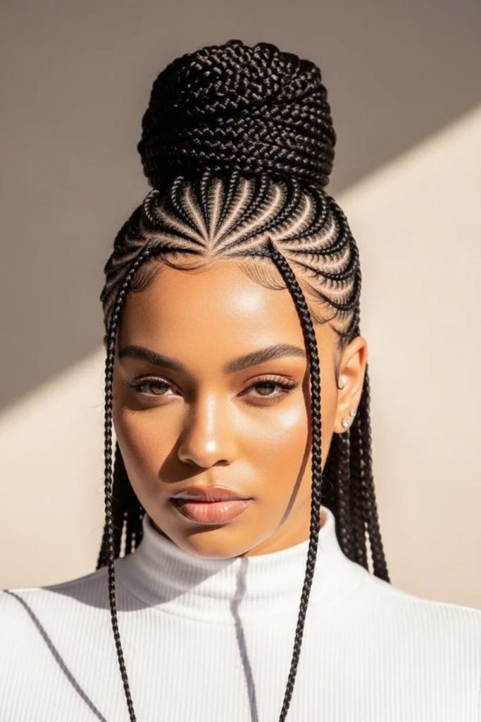 Fan-shaped natural cornrow braid pattern.