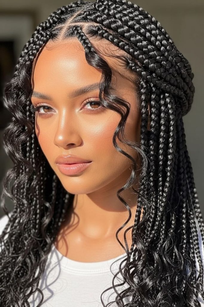 Long knotless braids with gold cuffs.