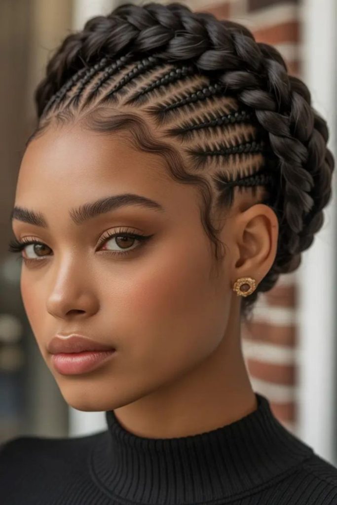 Elegant crown halo cornrows on natural hair.