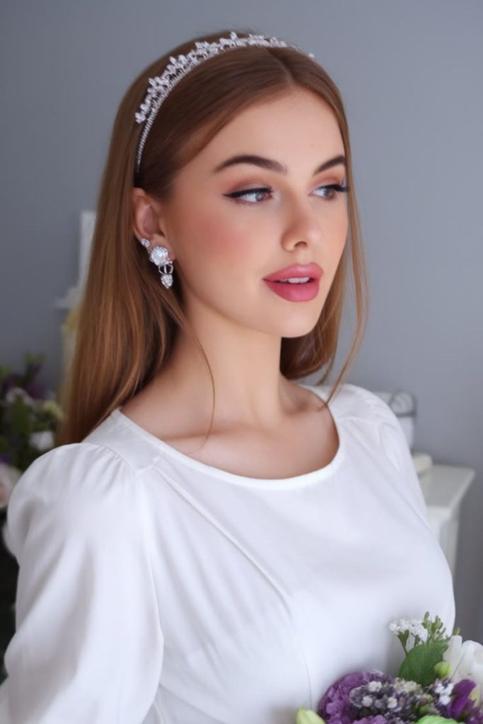 Sleek straight hair beneath jeweled crown.