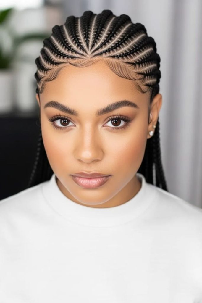 Straight-back classic natural cornrow hairstyle.