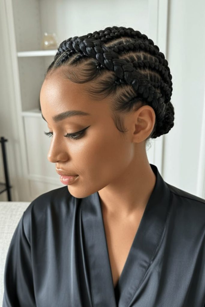 Spiral crown natural cornrow hairstyle.