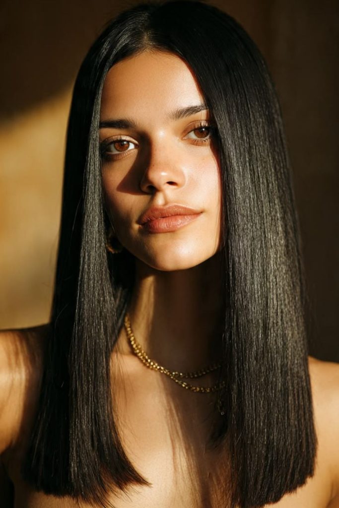 Crystal edge blunt straight haircut.