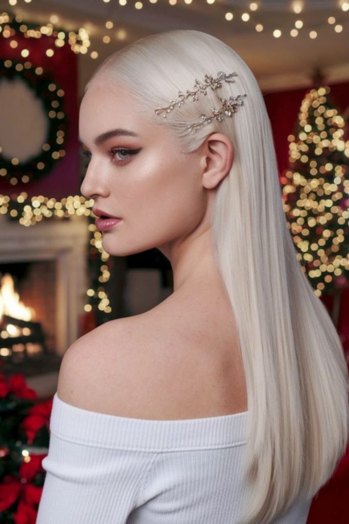 Sharp-ended sleek straight bridal hairstyle.