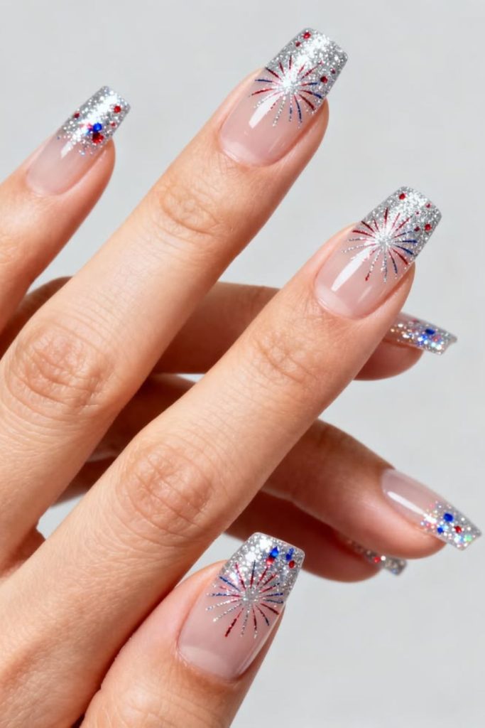 Holographic firework glitter festive nail design.