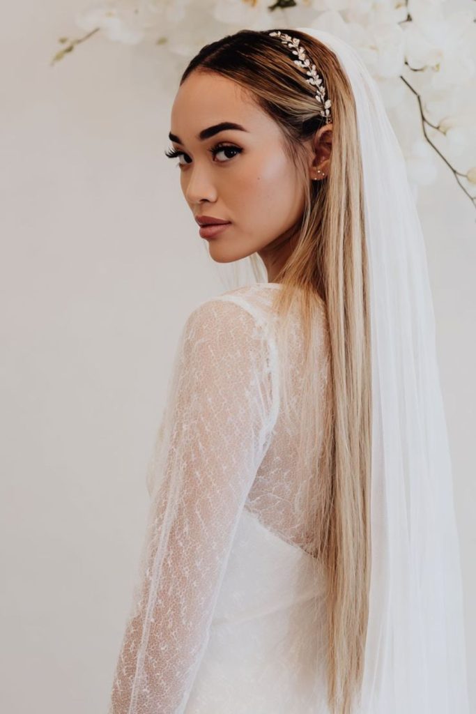 Long straight hair with crystal veil.