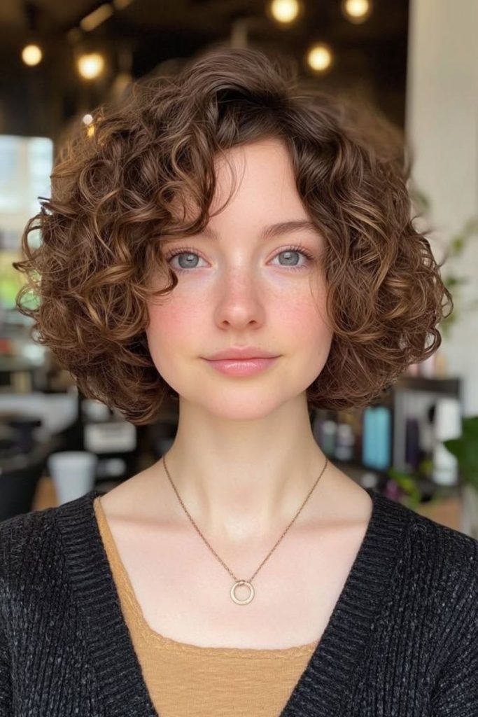 Loose curled short bob hairstyle.