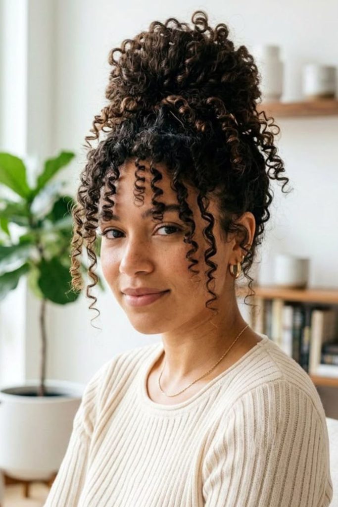 Rounded afro with soft curly bangs.