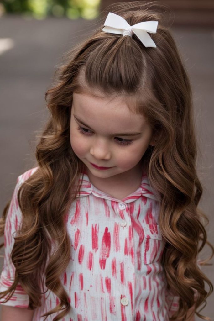 Curly half-up hairstyle with bow.