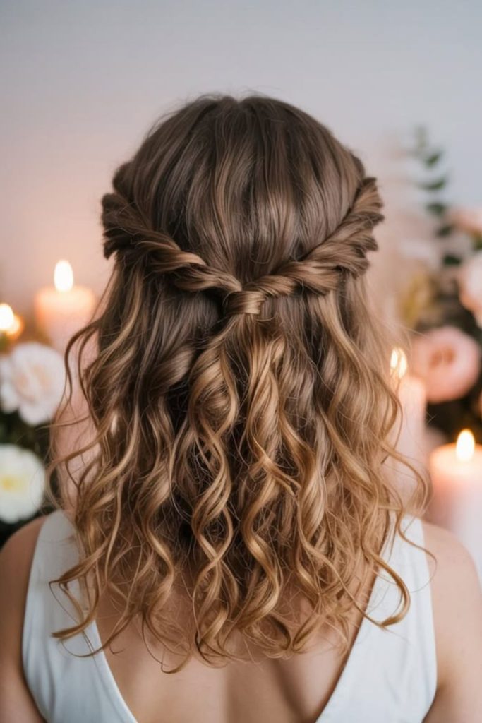 Curly half-up hairstyle with clips.