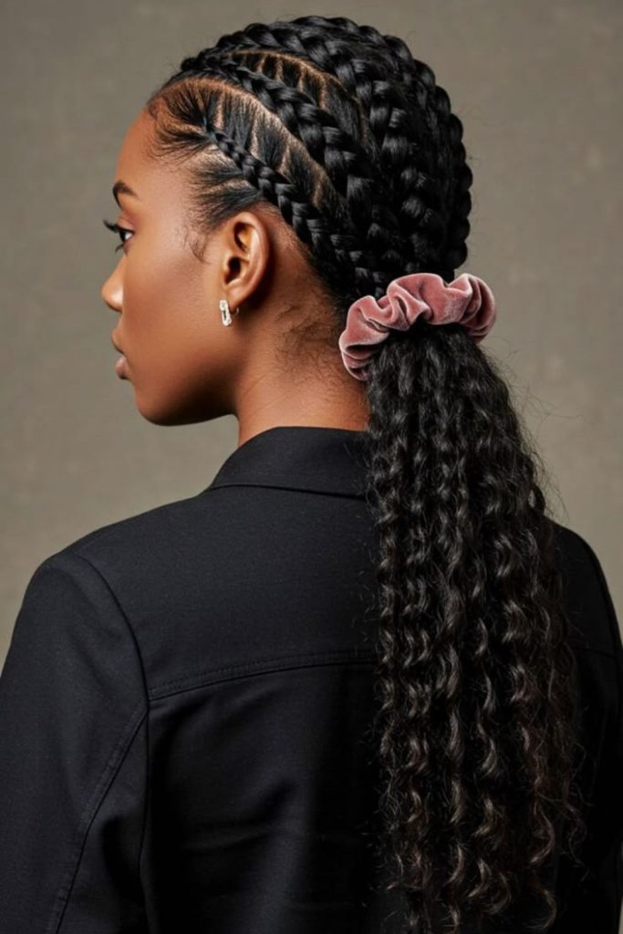 Low curly ponytail with defined curls.