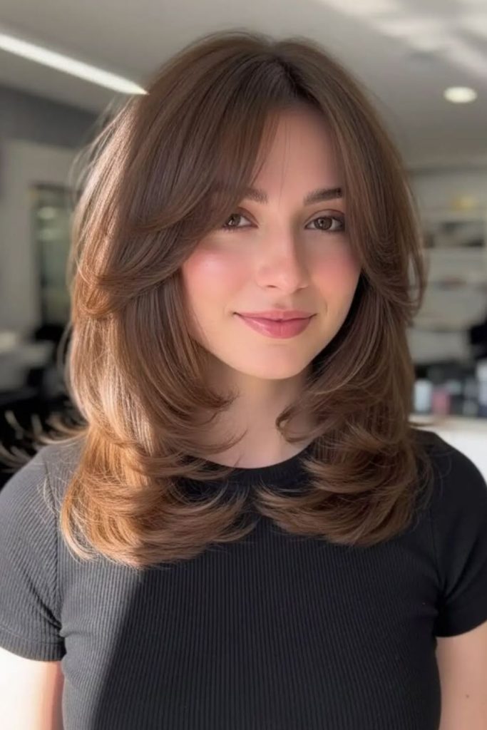 Curtain bangs with soft blowout.