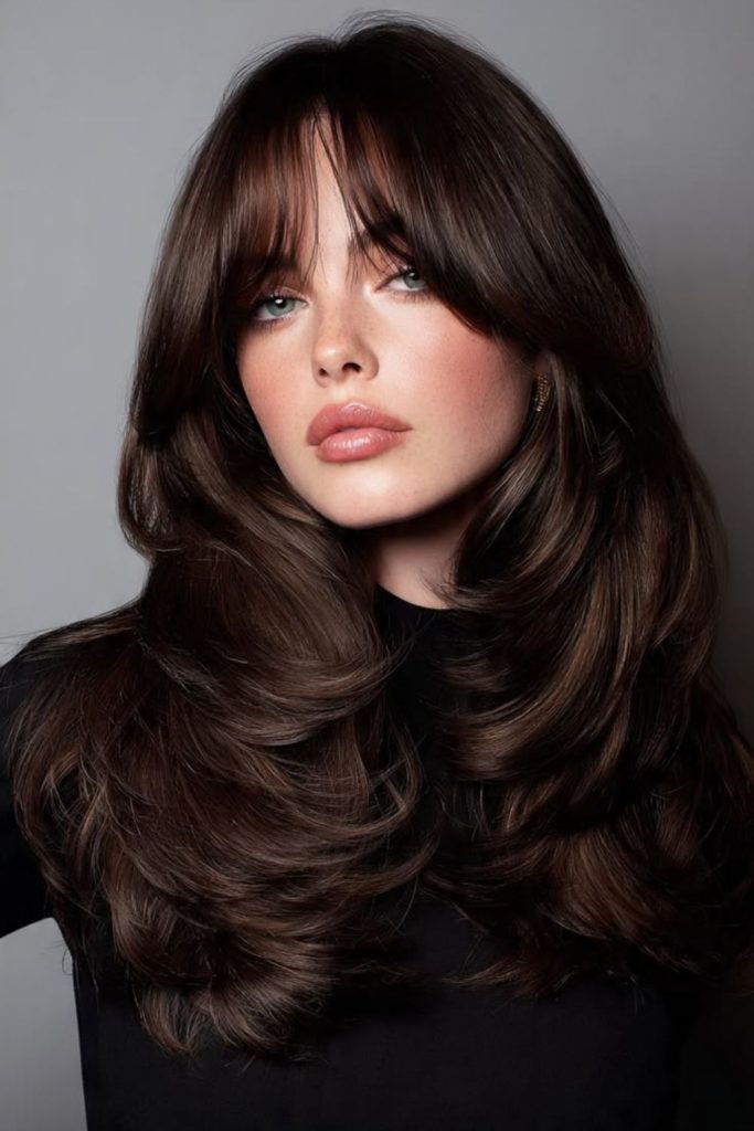 Curtain bangs with soft blowout.