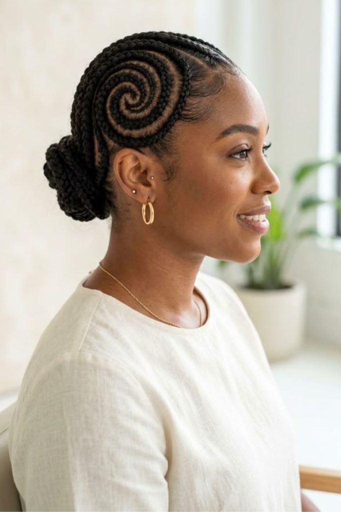 Curved halo natural cornrow braids.