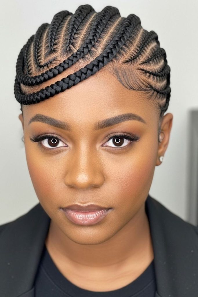 Curved goddess inspired natural cornrows hairstyle.