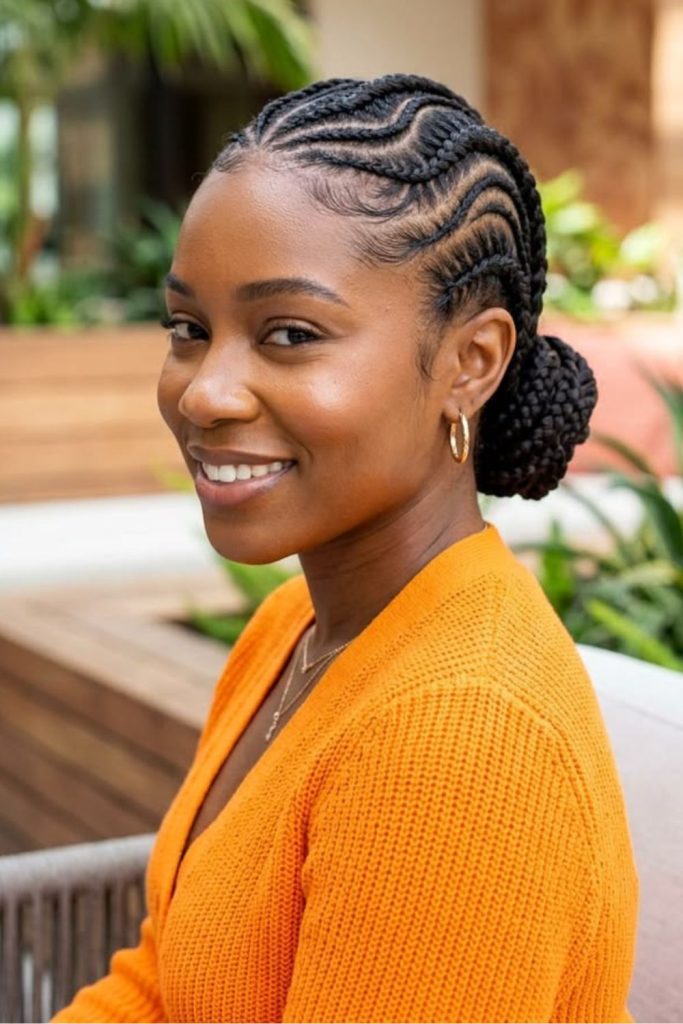 Curved natural cornrows with sleek pattern.