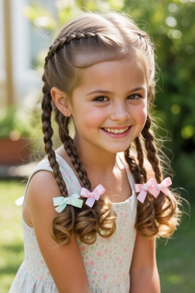 Rainbow double ponytails with colorful elastics.