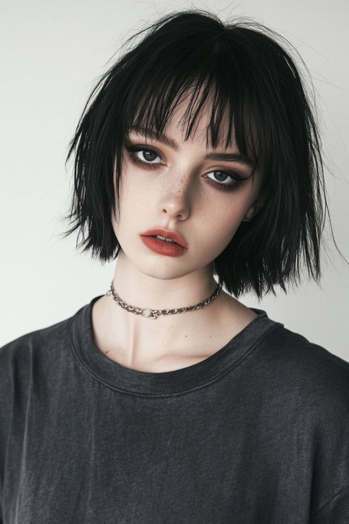 Cyberpunk blunt cut with futuristic styling.