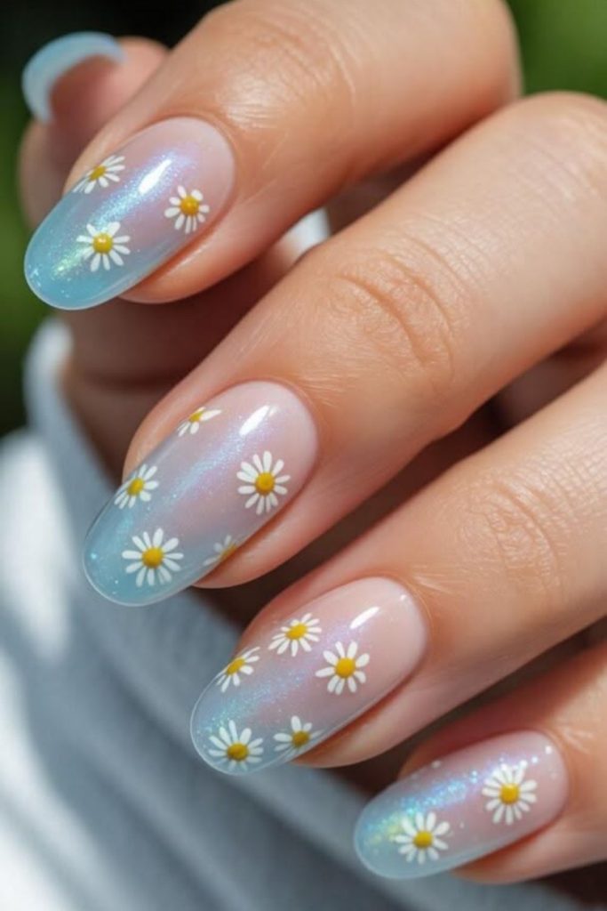 White daisy floral nude nail design.