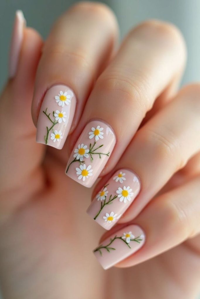 Nude daisy floral nail design.