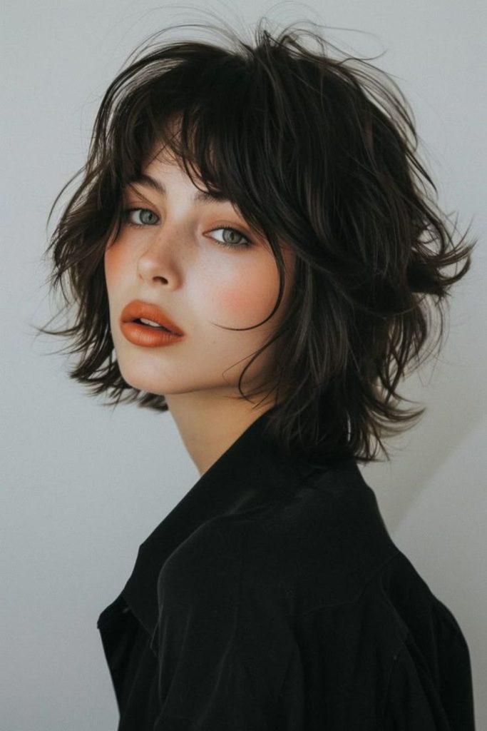 Dark academia shag with full fringe.