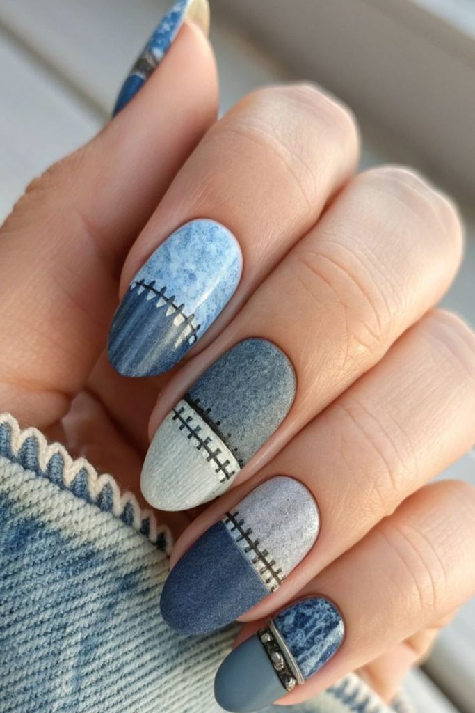 Denim blue nails with stitching.