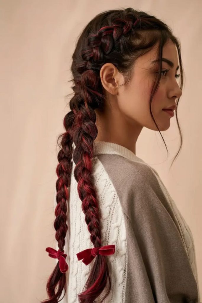 Desert rose twin braided hairstyle.